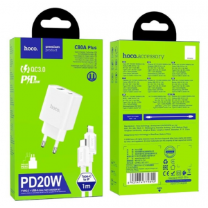 Мережевий зарядний пристрій HOCO C80A Plus Rapido PD20W+QC3.0 charger set(C to iP) White new