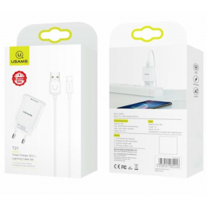 МЗП Usams T21 Charger kit T18 single USB EU charger +Uturn Lightning cable White new