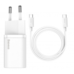 МЗП Baseus Super Si Quick Charger 1C 25W EU Sets White（With Mini White Cable Type-C to Type-C 3A 1m White） new