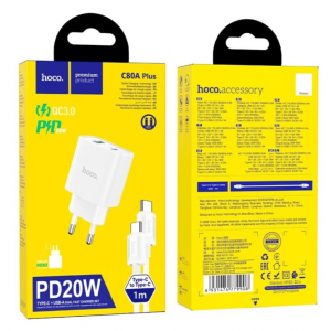 Мережевий зарядний пристрій HOCO C80A Plus Rapido PD20W+QC3.0 charger set(Type-C to Type-C) White new