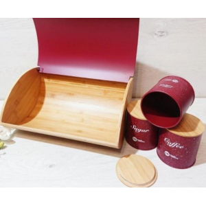 Хлібниця Zepline ZP-042 з бамбука та металу з баночками для сипучих продуктів 3шт, червона
