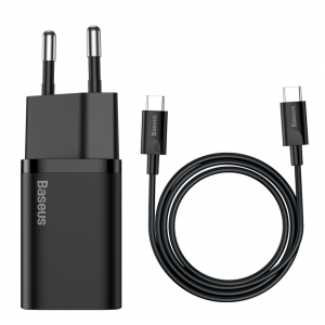 МЗП Baseus Super Si Quick Charger 1C 25W EU Sets Black（With Mini White Cable Type-C to Type-C 3A 1m Black） new