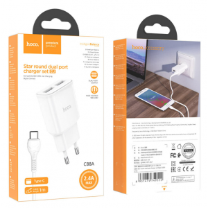 Мережевий зарядний пристрій HOCO C88A Star round dual port charger set(Type-C) White new